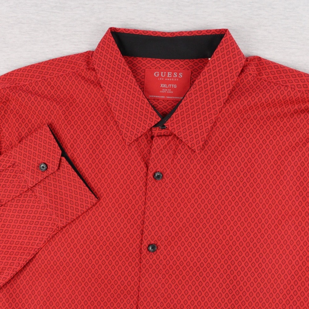Guess Shirt Mens XXL Slim Fit Red Black Long Sleeve Button Up Cotton Stretch